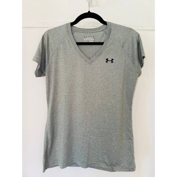 Under Armour T-Shirt Womens Medium Gray Semi-Fitted UA Tech Short Sleeve V-Neck - Picture 2 of 8